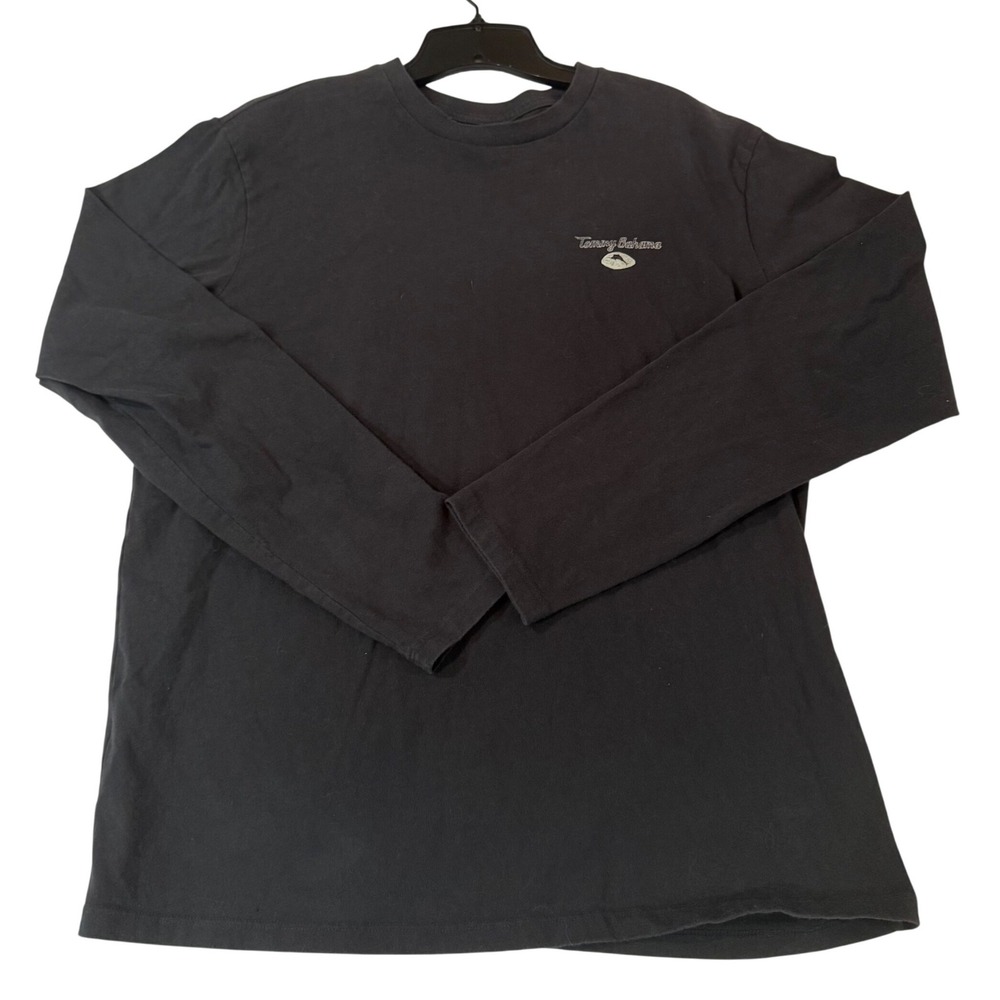 Tommy Bahama Long Sleeve Graphic T-Shirt Large Black Cotton Football Weekend Tee